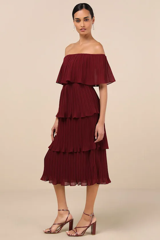 Gala Ready Wine Red Off-the-Shoulder Ruffle Midi Dress sold by Lulus product image thumbnail 2