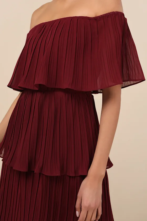Gala Ready Wine Red Off-the-Shoulder Ruffle Midi Dress sold by Lulus product image thumbnail 4