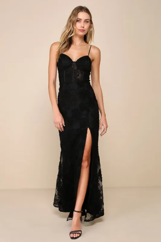 Sultry Direction Black Floral Lace Sheer Bustier Maxi Dress sold by Lulus