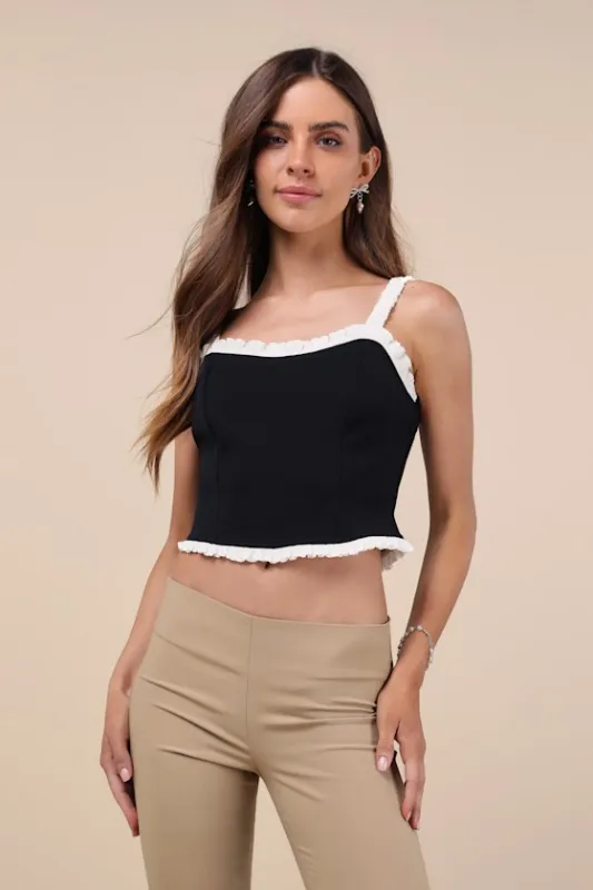Coquette Charisma Black and White Ruffled Tie-Back Crop Top sold by Lulus