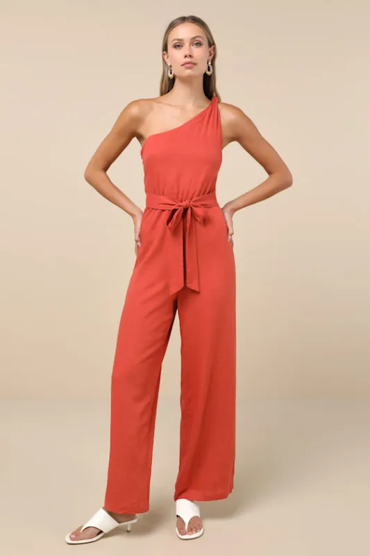 Revered Chicness Rust Red Linen One-Shoulder Jumpsuit made by Lulus