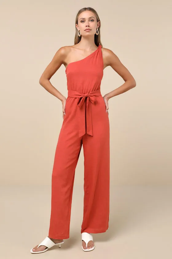 Revered Chicness Rust Red Linen One-Shoulder Jumpsuit sold by Lulus