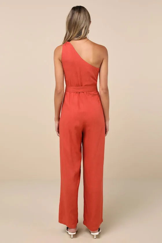 Revered Chicness Rust Red Linen One-Shoulder Jumpsuit sold by Lulus product image thumbnail 2