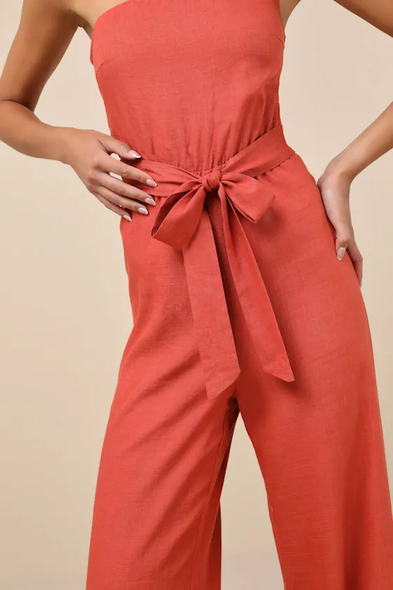 Revered Chicness Rust Red Linen One-Shoulder Jumpsuit sold by Lulus product image thumbnail 3