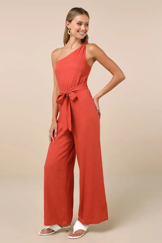 Revered Chicness Rust Red Linen One-Shoulder Jumpsuit sold by Lulus product image thumbnail 4