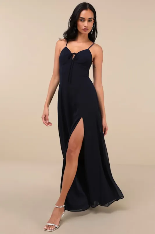 Marveled Beauty Navy Sleeveless Tie-Front Maxi Dress sold by Lulus