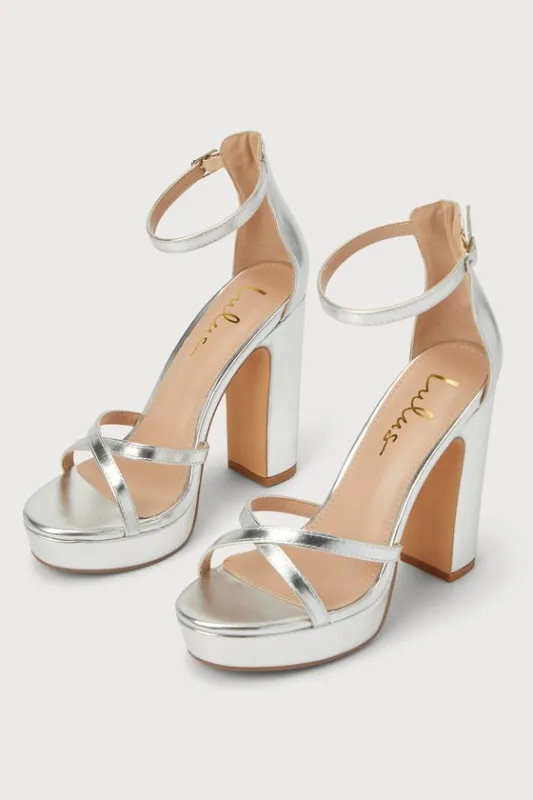 Dale Silver Platform Ankle Strap High Heel Sandals sold by Lulus