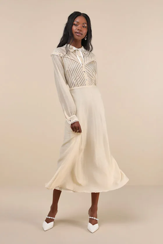 Pony Cream Sheer Pintuck Lace Long Sleeve Collared Midi Dress sold by Lulus