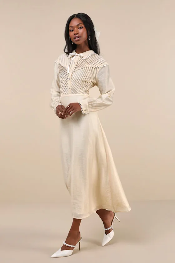 Pony Cream Sheer Pintuck Lace Long Sleeve Collared Midi Dress sold by Lulus product image thumbnail 2