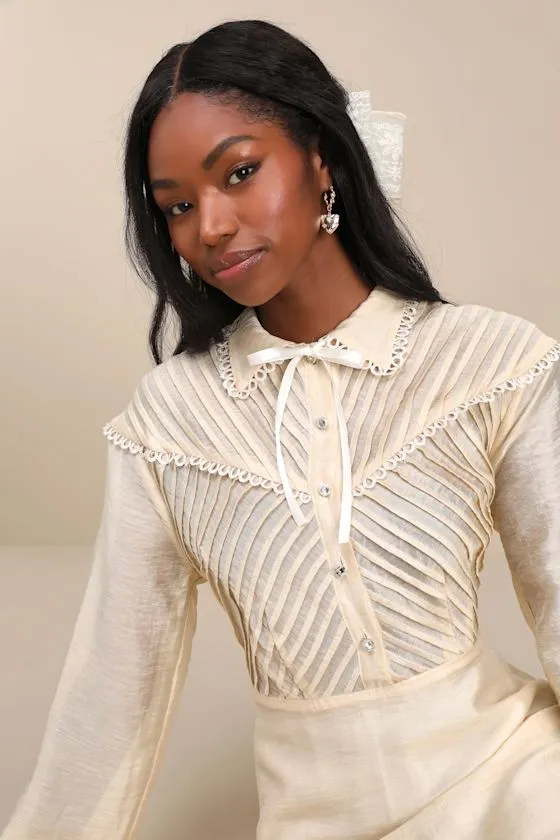 Pony Cream Sheer Pintuck Lace Long Sleeve Collared Midi Dress sold by Lulus product image thumbnail 4