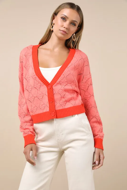 Playful Vibes Coral Pink Color Block Knit Cardigan Sweater Top sold by Lulus