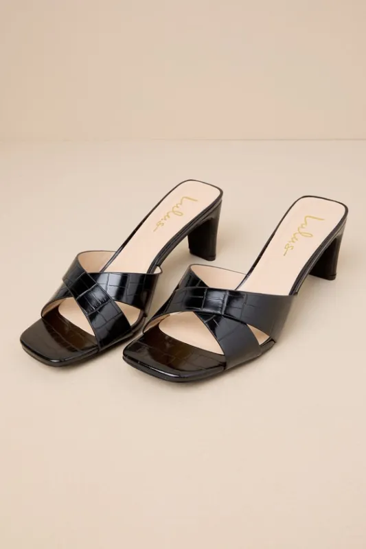 Deckerson Black Crocodile-Embossed High Heel Slide Sandals made by Lulus