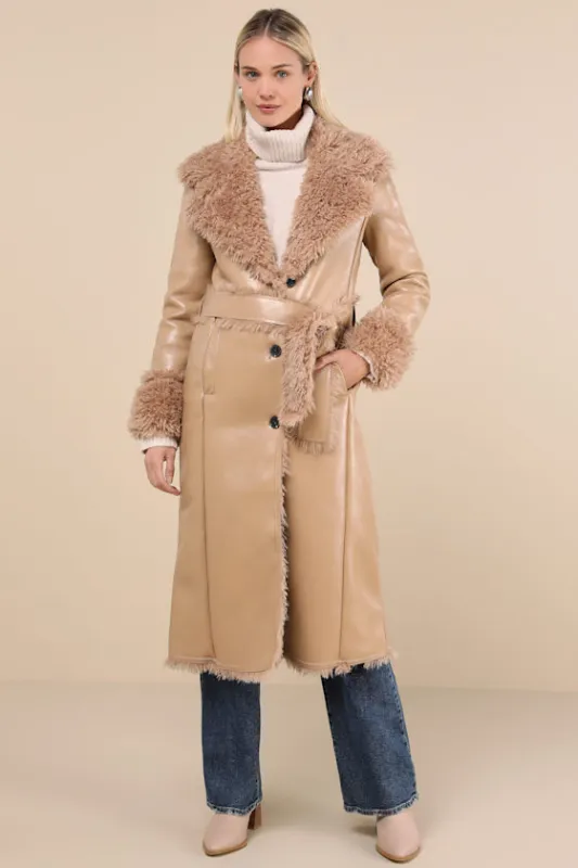 Cool Nights Tan Vegan Leather Shearling Coat sold by Lulus