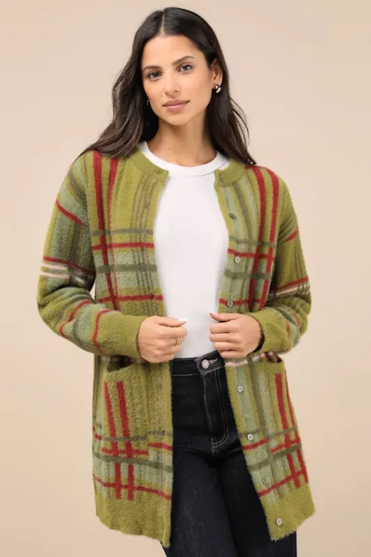Cozier Days Green Plaid Fuzzy Oversized Cardigan sold by Lulus
