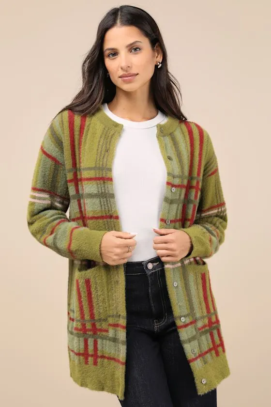Cozier Days Green Plaid Fuzzy Oversized Cardigan sold by Lulus