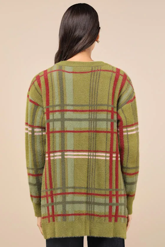 Cozier Days Green Plaid Fuzzy Oversized Cardigan sold by Lulus product image thumbnail 3
