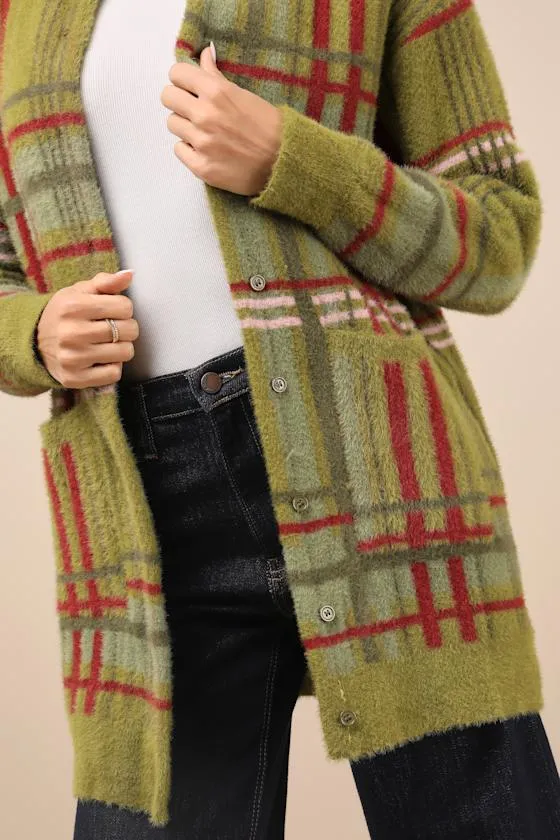 Cozier Days Green Plaid Fuzzy Oversized Cardigan sold by Lulus product image thumbnail 4