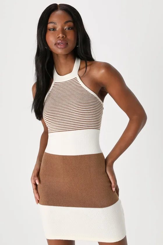 Flirty Babe Ivory and Brown Striped Halter Sweater Dress sold by Lulus product image thumbnail 3