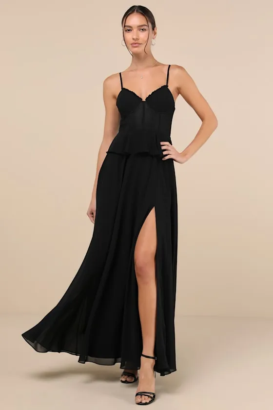 Elegant Silhouette Black Lace Bustier Peplum Maxi Dress sold by Lulus