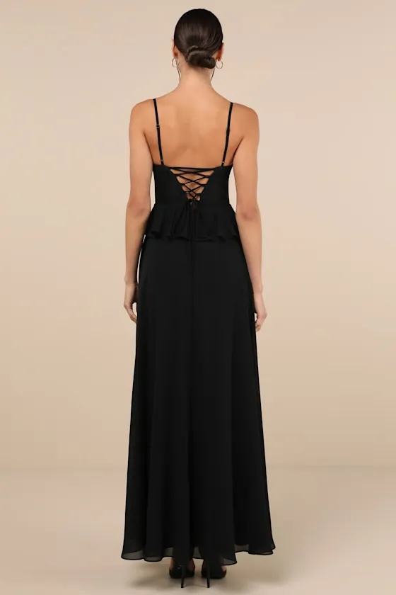 Elegant Silhouette Black Lace Bustier Peplum Maxi Dress sold by Lulus product image thumbnail 2