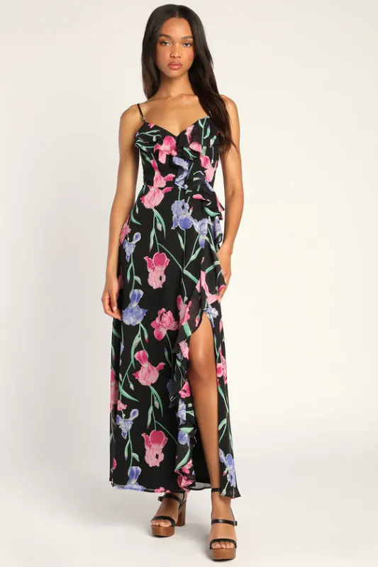 Elegant Bliss Black Floral Print Ruffled Sleeveless Maxi Dress sold by Lulus