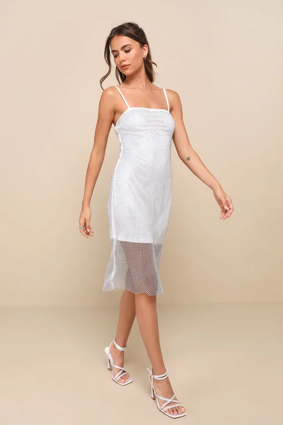 Memorable Glow White Fishnet Rhinestone Bodycon Midi Dress sold by Lulus product image thumbnail 4