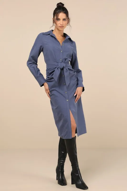 Autumnal Views Dark Blue Suede Button-Up Tie-Front Midi Dress made by Lulus