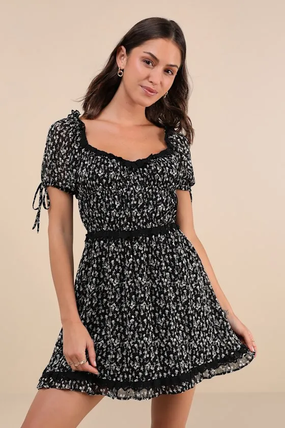 Adoring Moment Black Floral Lace Ruffled Puff Sleeve Mini Dress sold by Lulus