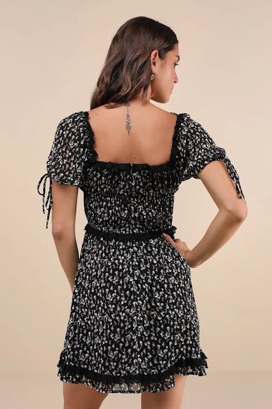Adoring Moment Black Floral Lace Ruffled Puff Sleeve Mini Dress sold by Lulus product image thumbnail 2