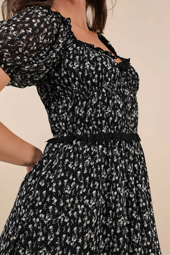 Adoring Moment Black Floral Lace Ruffled Puff Sleeve Mini Dress sold by Lulus product image thumbnail 4