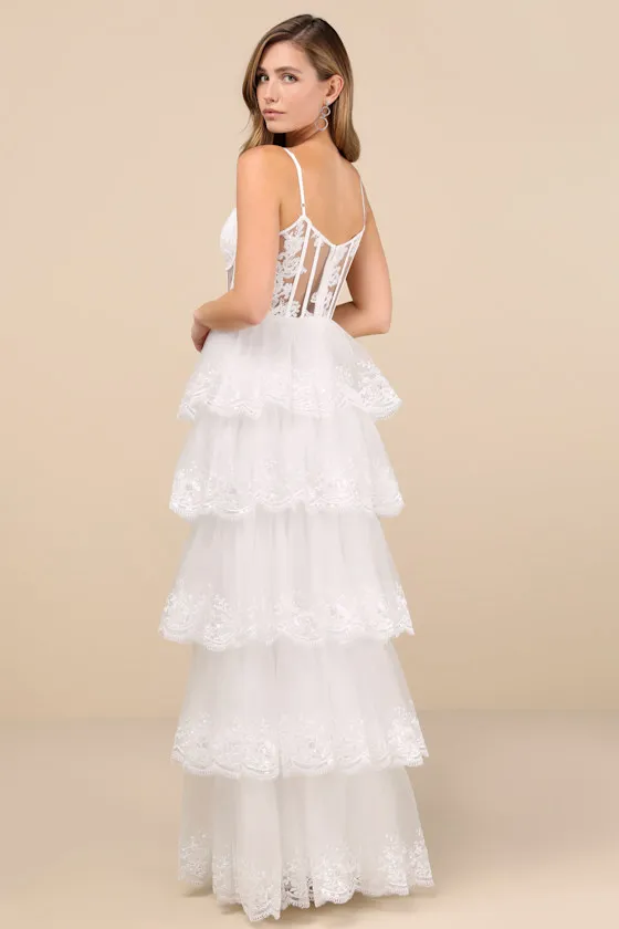 Alluring Sensation White Tulle Embroidered Tiered Maxi Dress sold by Lulus product image thumbnail 2