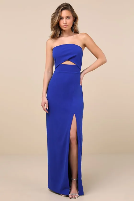 Extravagant Persona Blue Strapless Cutout Column Maxi Dress sold by Lulus