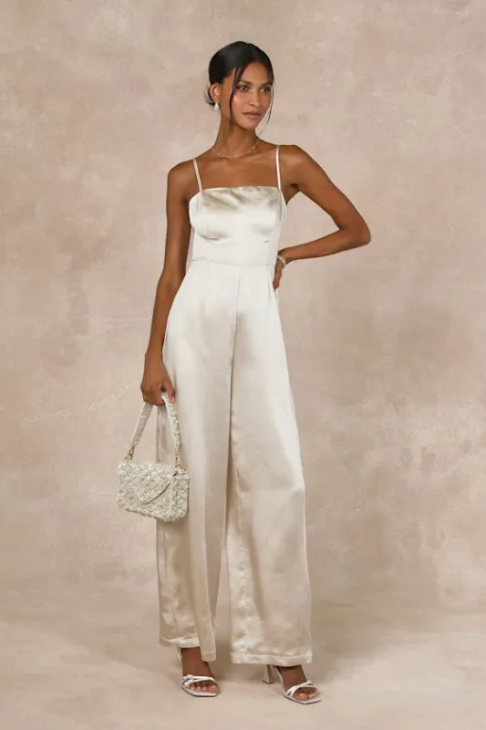 Stylish Brilliance Champagne Satin Sleeveless Wide-Leg Jumpsuit sold by Lulus