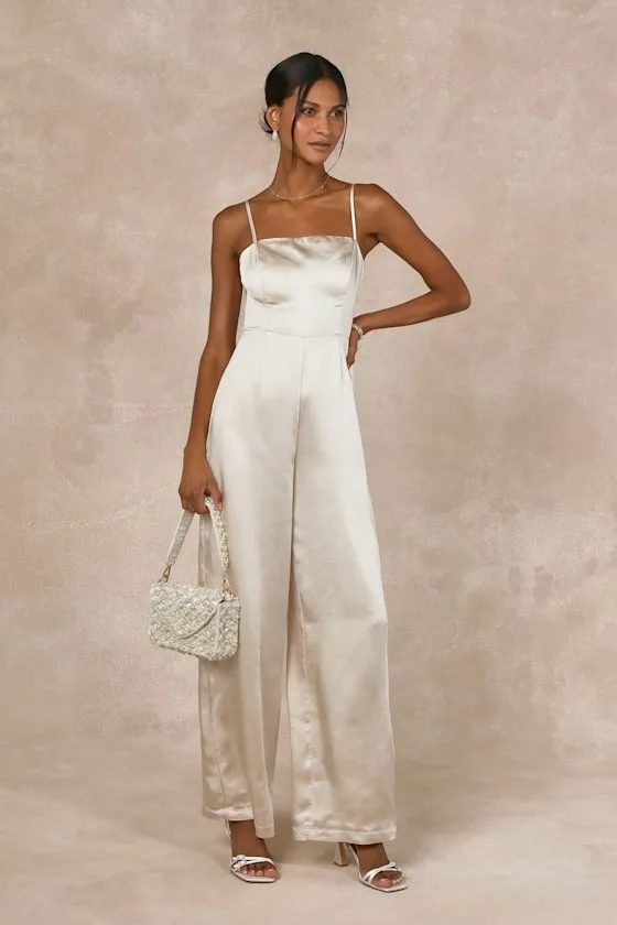 Stylish Brilliance Champagne Satin Sleeveless Wide-Leg Jumpsuit sold by Lulus