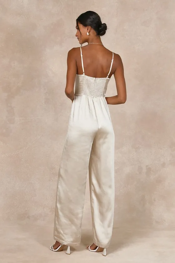 Stylish Brilliance Champagne Satin Sleeveless Wide-Leg Jumpsuit sold by Lulus product image thumbnail 2