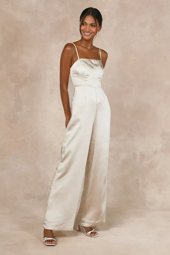 Stylish Brilliance Champagne Satin Sleeveless Wide-Leg Jumpsuit sold by Lulus product image thumbnail 4