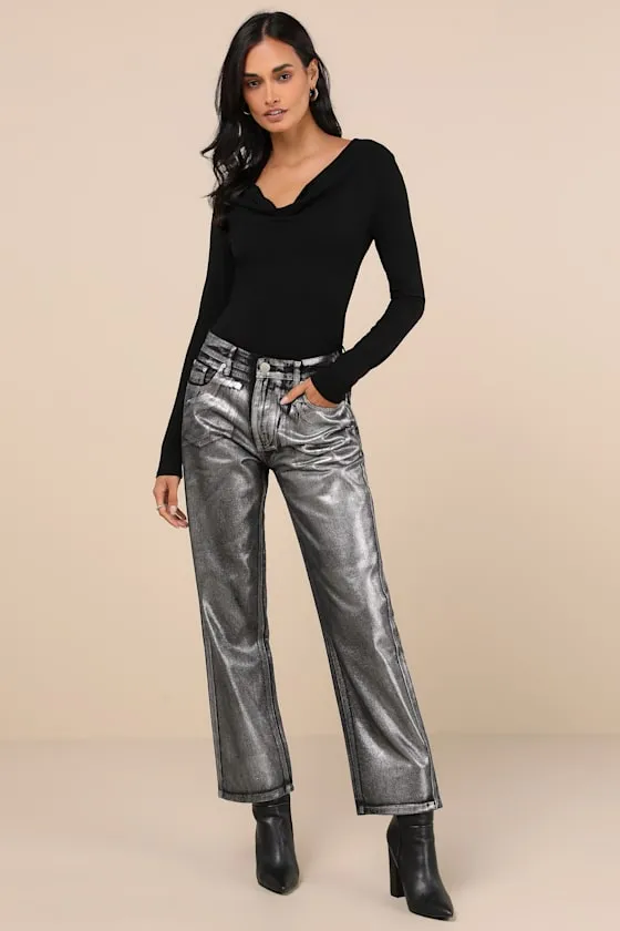 Trendiest Shine Black Metallic Coated Straight Leg Jeans sold by Lulus