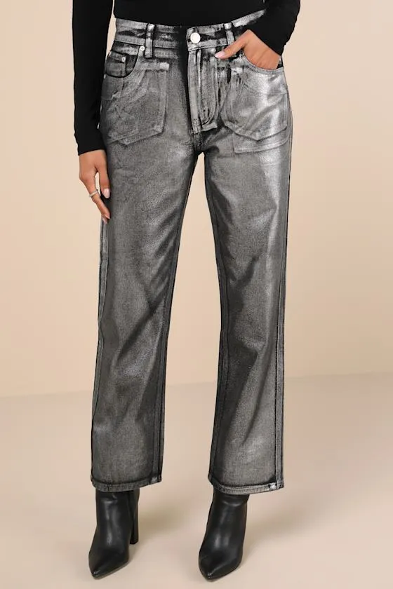 Trendiest Shine Black Metallic Coated Straight Leg Jeans sold by Lulus product image thumbnail 2
