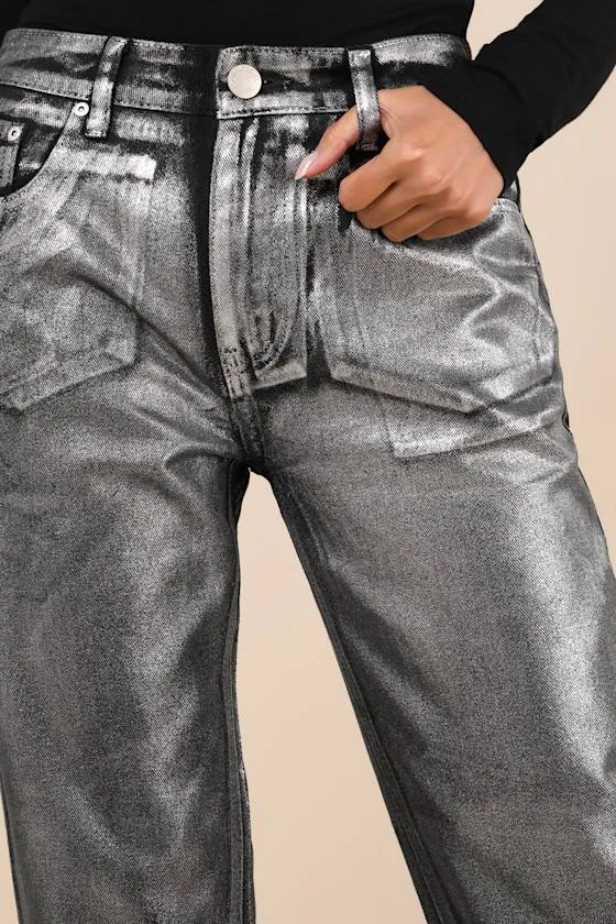Trendiest Shine Black Metallic Coated Straight Leg Jeans sold by Lulus product image thumbnail 4