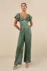 Amazing Perfection Dark Sage Green Satin Flutter Sleeve Jumpsuit sold by Lulus