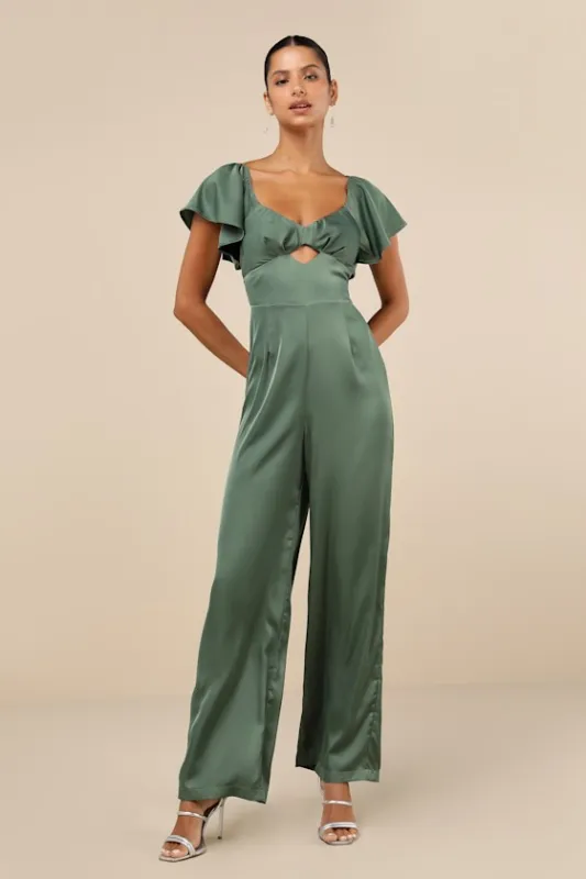 Amazing Perfection Dark Sage Green Satin Flutter Sleeve Jumpsuit sold by Lulus