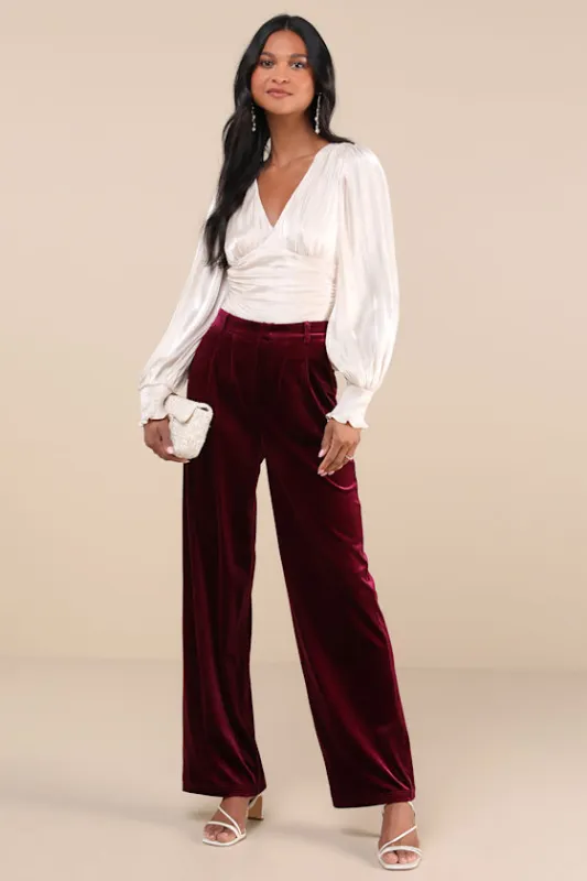 Posh Idea Plum Velvet High-Rise Straight Leg Trouser Pants sold by Lulus