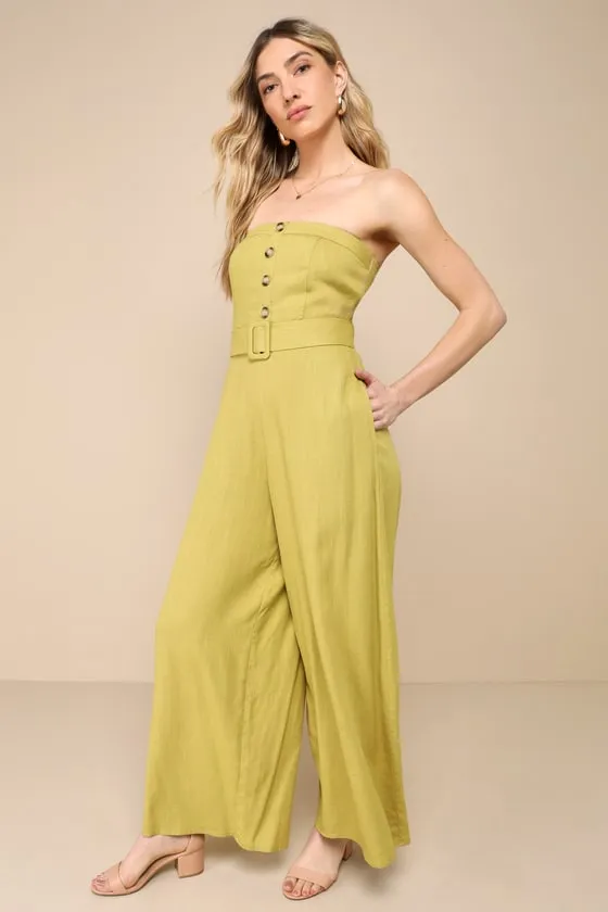 Lighthearted Days Green Linen Belted Strapless Wide-Leg Jumpsuit sold by Lulus