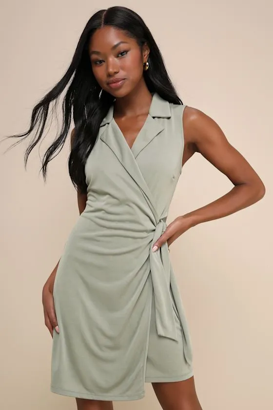 Totally Exceptional Sage Green Collared Wrap Mini Dress sold by Lulus