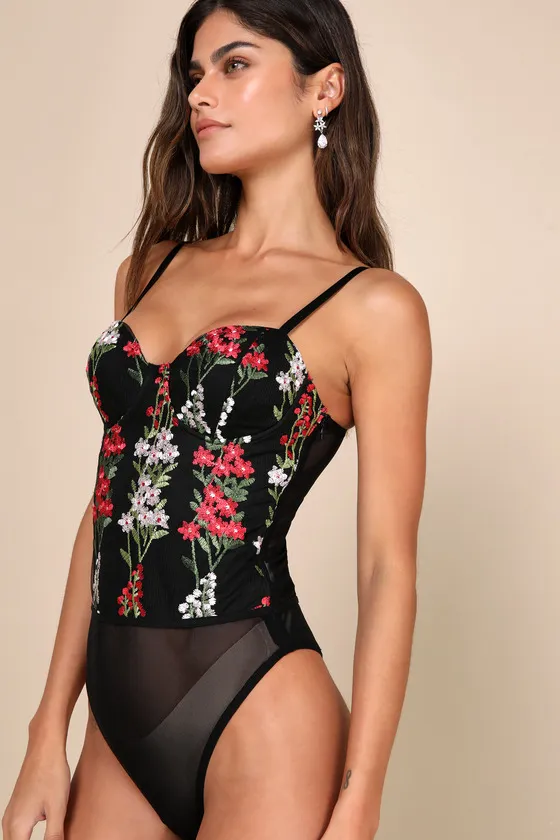 Essence of Elegance Black Embroidered Bustier Bodysuit sold by Lulus product image thumbnail 4