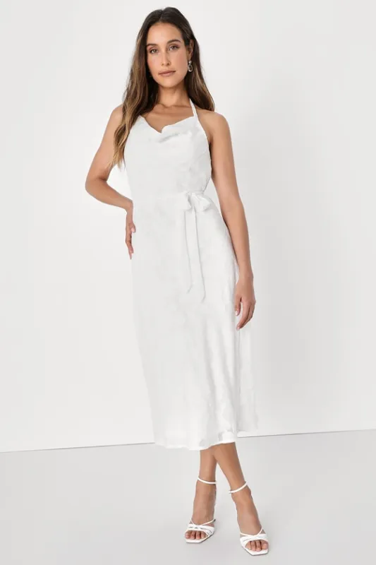 Graceful Charm White Burnout Floral Jacquard Halter Midi Dress sold by Lulus