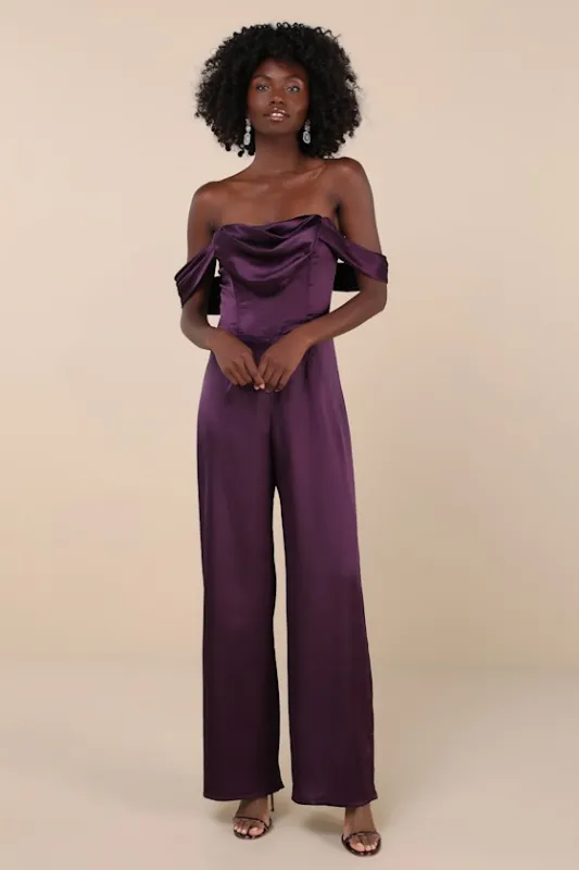 Unbelievable Aura Dark Purple Satin Off-the-Shoulder Jumpsuit sold by Lulus