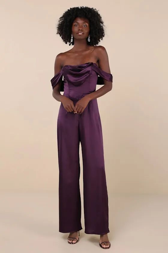 Unbelievable Aura Dark Purple Satin Off-the-Shoulder Jumpsuit sold by Lulus