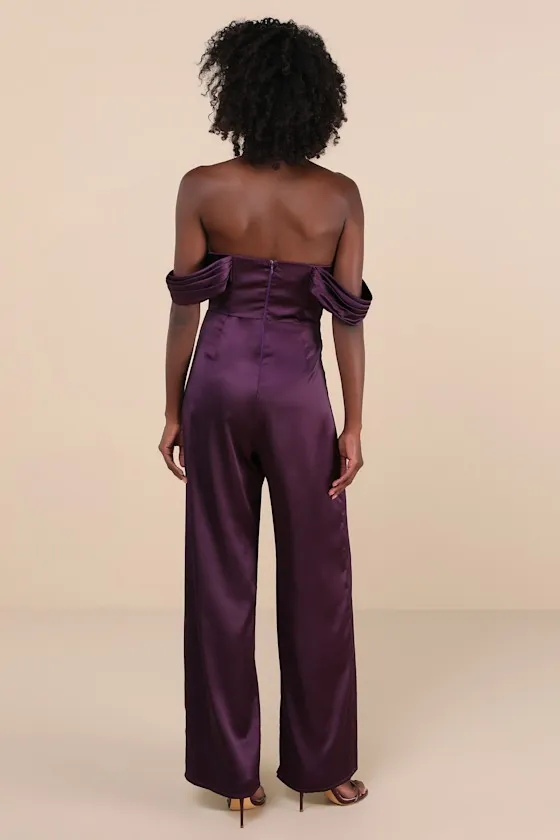 Unbelievable Aura Dark Purple Satin Off-the-Shoulder Jumpsuit sold by Lulus product image thumbnail 2