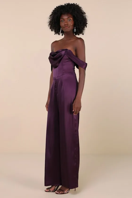 Unbelievable Aura Dark Purple Satin Off-the-Shoulder Jumpsuit sold by Lulus product image thumbnail 3